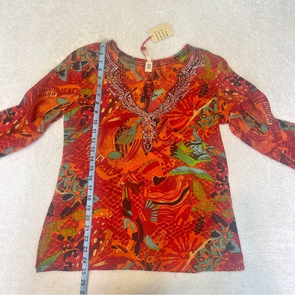 NWT RAGA Anthropologie Colorful Beaded Tropical Print Tunic Shirt Blouse Women M - Picture 7 of 11